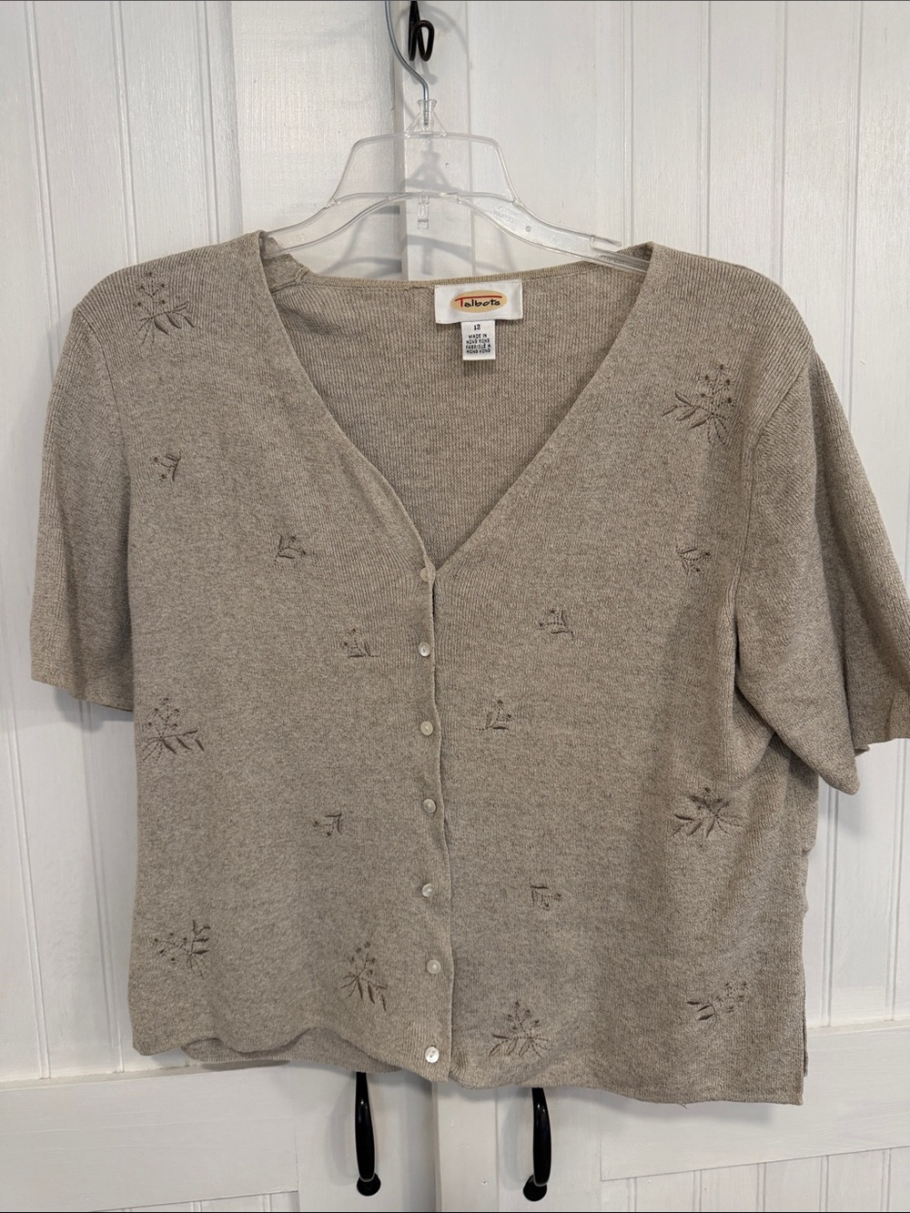 Talbots Taupe Short-Sleeve Knit Button Cardigan size 12 (fits like a medium)